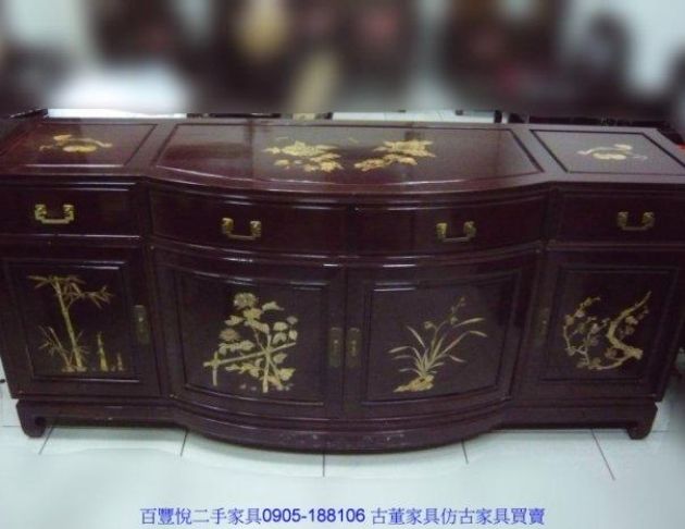 二手四君子紅花梨木貝殼鑲嵌餐桌椅 圓餐桌可加大 1桌12椅+餐櫃 3