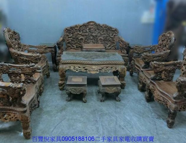 二手古董老件 檀木木沙發10件組 木雕龍椅 多人接待沙發