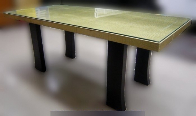 二手金色皮面仿鱷魚皮紋餐桌附玻璃 190公分大桌子 洽談桌 接待桌 2