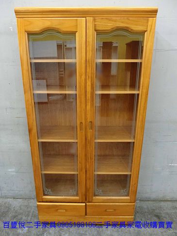 二手 書櫃 松木色91公分玻璃下兩抽書櫃 中古書櫥 展示書櫃 玻璃書櫥 1