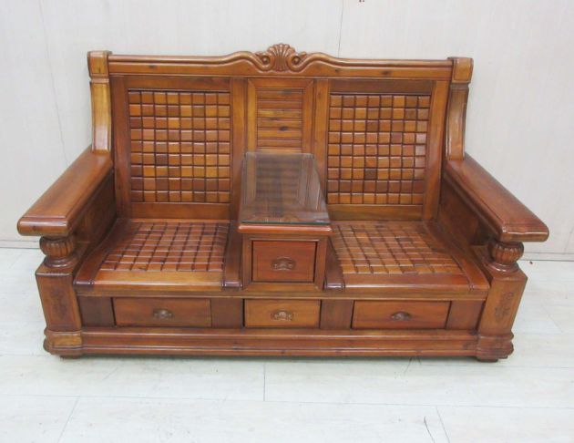 二手沙發 柚木色167公分實木四抽雙人沙發 專利設計軟墊 木椅