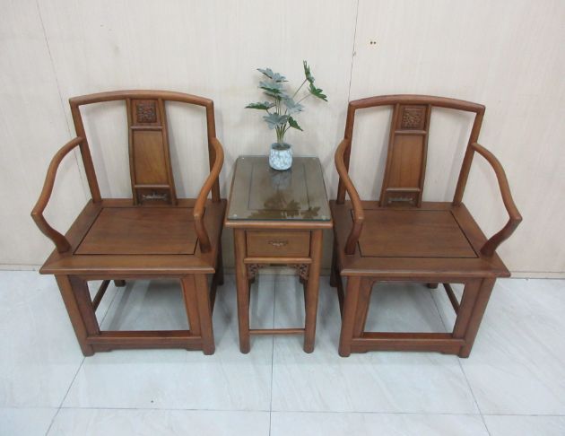 二手公婆椅 柚木64公分官帽椅 邊几 一桌兩椅 仿古桌椅三件組