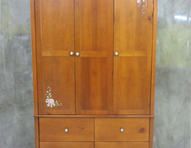 二手衣櫥 柚木色125公分三門四抽鄉村風衣櫃 實木4尺衣櫃