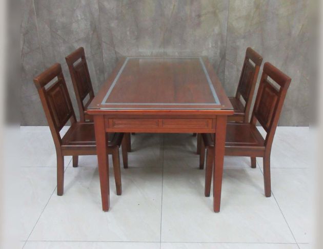 二手餐桌 胡桃色140公分兩抽實木餐桌椅組 一桌四椅 廚房餐桌