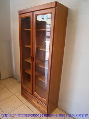 二手書櫃二手樟木色半實木81公分下二抽玻璃書櫃書櫥展示櫃高低櫥櫃 2