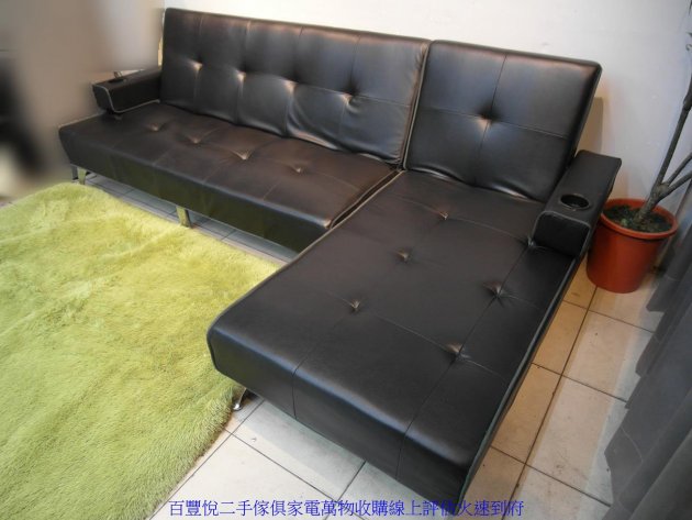 二手沙發中古沙發二手黑色258公分格紋皮質L型沙發 多功能沙發床 3