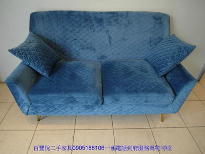 二手寶藍色絨布格紋160公分雙人沙發咖啡廳休閒沙發椅 1