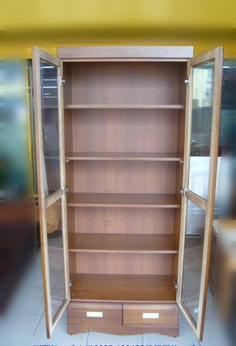全新庫存柚木色半實木玻璃書櫃 2抽4門書櫃 中抽實木書櫃2.7尺 3