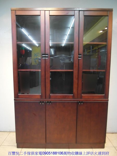 二手書櫃二手胡桃色150公分玻璃書櫥書櫃高低櫃收納櫃客廳櫃展示櫃