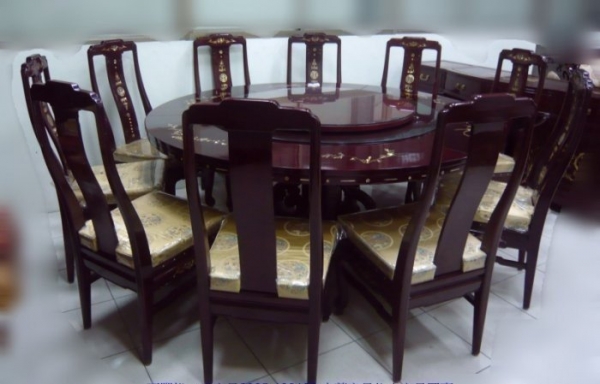 二手梅蘭竹菊紅木鑲貝餐桌椅組1桌12椅 紅花梨木伸縮圓桌 早期榫接工法