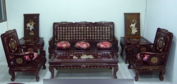 二手組椅百壽字鑲貝木椅6件組 早期已絕版紅木貝殼鑲嵌組椅1+1+3