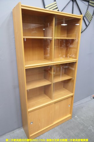 二手書櫃 原木色 3尺 玻璃書櫃 展示櫃 櫥櫃 置物櫃 邊櫃 收納櫃 零食櫃 2