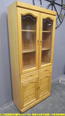 二手 書櫃 原木色 81公分 半實木 玻璃書櫃 櫥櫃 展示櫃 置物櫃 邊櫃 收納櫃 3