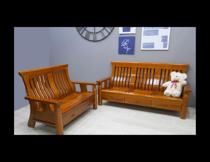 二手 柚木色實木 2+3 木製沙發 實木組椅 客廳沙發 