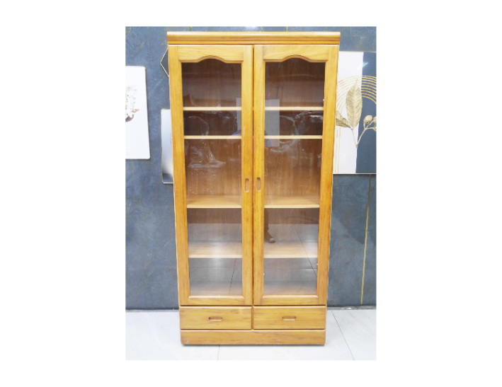二手 書櫥 原木色 3尺 玻璃書櫃 客廳櫃 高低櫃