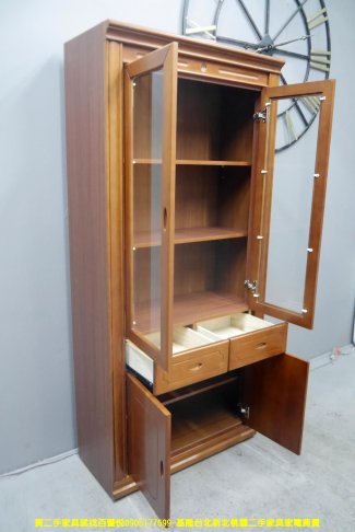 二手書櫃 柚木色 90公分 半實木 玻璃書櫃 置物櫃 邊櫃 收納櫃 儲物櫃 5