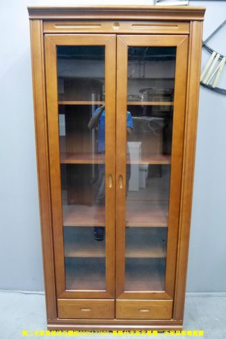 二手書櫃 柚木色 3尺 二抽 半實木 玻璃書櫃 置物櫃 邊櫃 收納櫃 儲物櫃 1