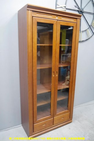 二手書櫃 柚木色 3尺 二抽 半實木 玻璃書櫃 置物櫃 邊櫃 收納櫃 儲物櫃 2