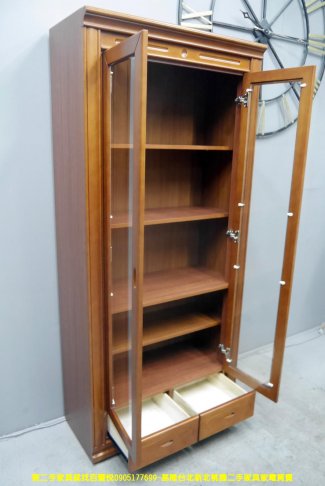二手書櫃 柚木色 3尺 二抽 半實木 玻璃書櫃 置物櫃 邊櫃 收納櫃 儲物櫃 5