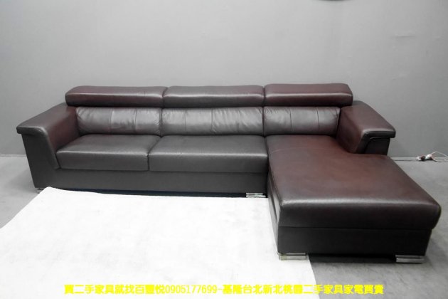 二手沙發 酒紅色 300公分 半牛皮 L型沙發 客廳沙發 休閒沙發 會客沙發 2