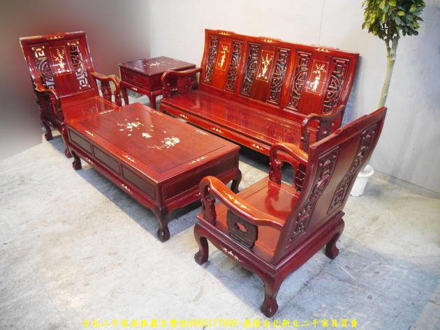 二手花梨木鑲貝113大小茶几實木組椅 古董客廳泡茶桌椅 2