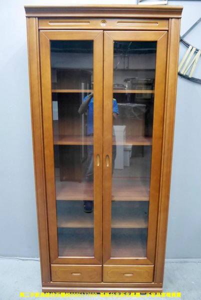 二手書櫃 柚木色 3尺 二抽 半實木 玻璃書櫃 置物櫃 邊櫃 收納櫃 儲物櫃