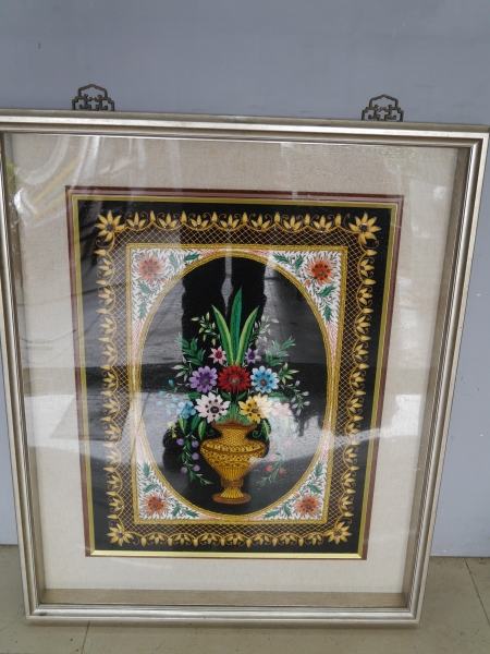 二手金框古典花瓶刺繡畫 藝術品 擺飾品 裝飾品 玄關擺件